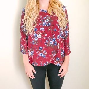 Maroon Floral Three Quarter Sleeve Blouse